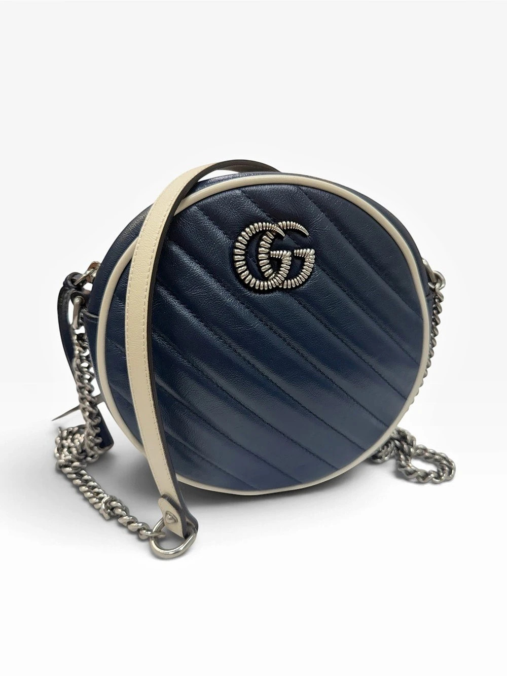 Authentic Gucci GG Marmont Round Shoulder Bag Blue & Cream